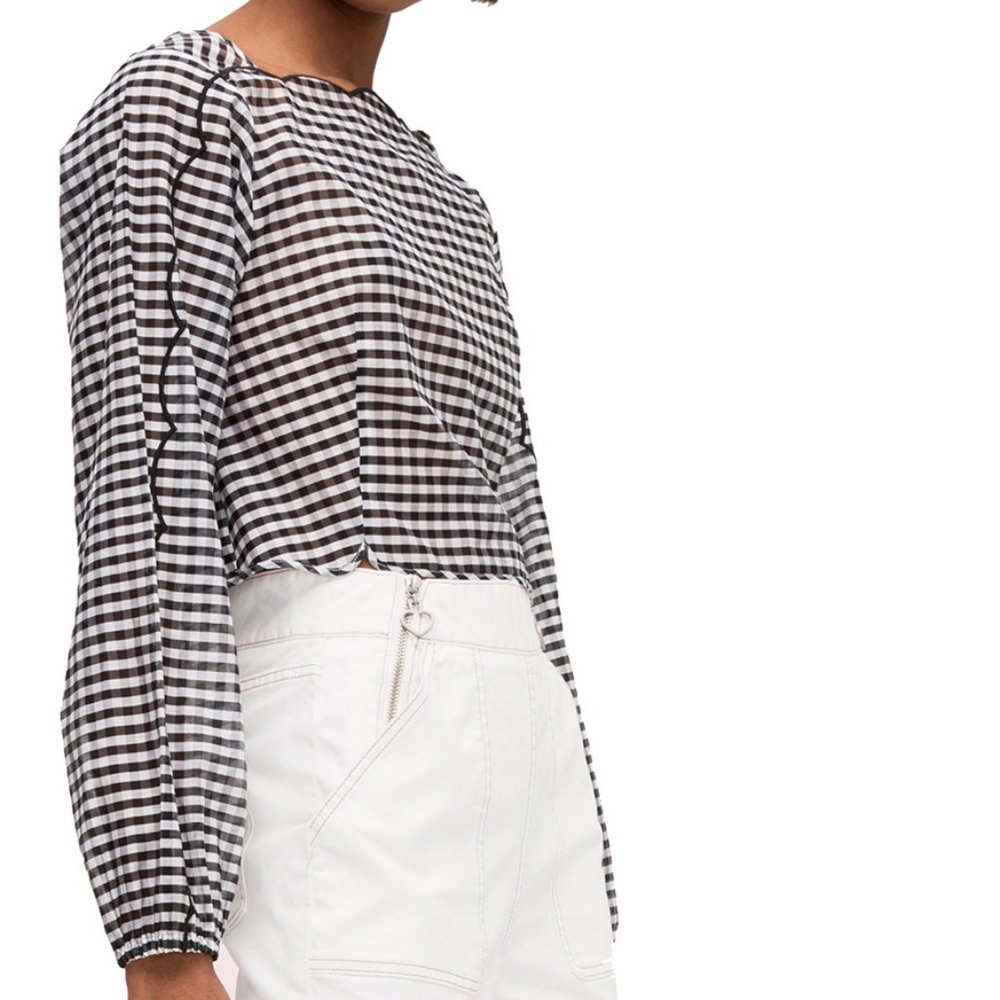 NEW Kate Spade New York Silk Blend Gingham Scalloped Embroidered Cropped Blouse